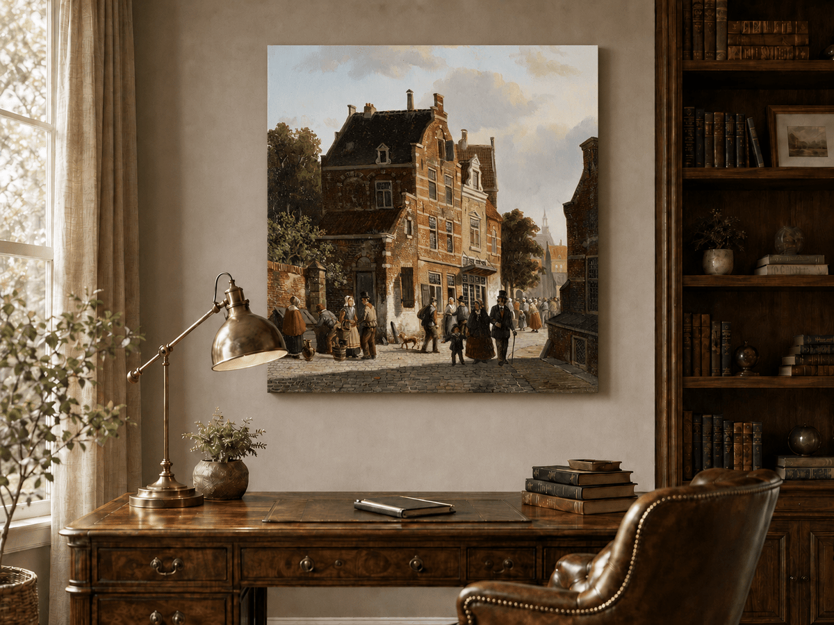 Interior wall art view featuring a town street with figures and historic buildings landscape oil painting.