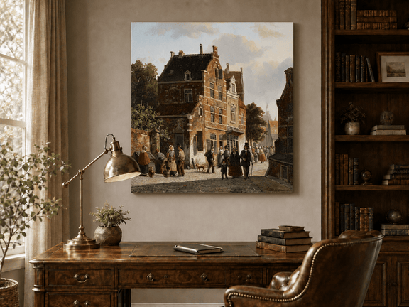 Interior wall art view featuring a town street with figures and historic buildings landscape oil painting.