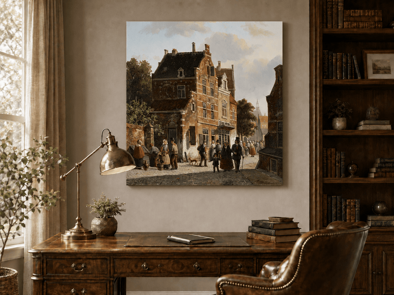 Interior wall art view featuring a town street with figures and historic buildings landscape oil painting.