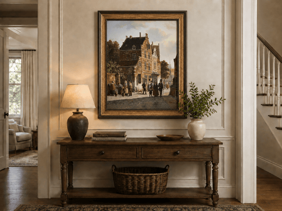 Town street with figures and historic buildings hand-painted oil artwork shown as home wall decor.
