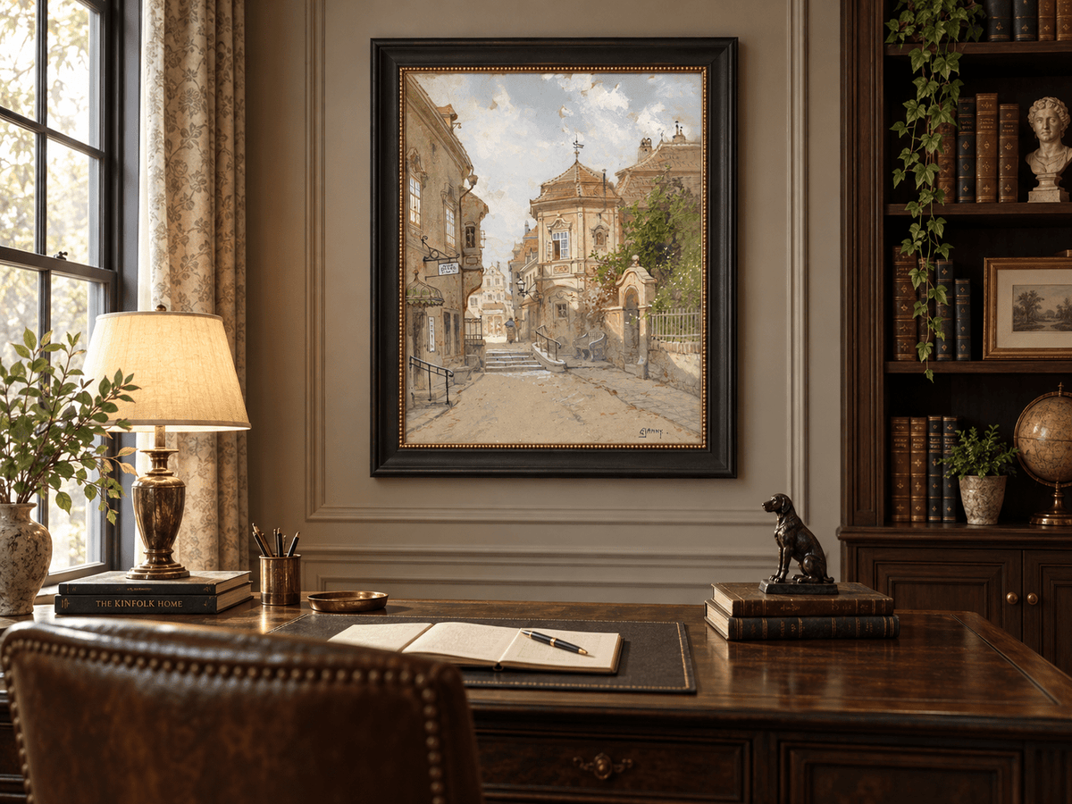 Peinture à l'huile de paysage - Rue de ville | Peinte à la main européenne