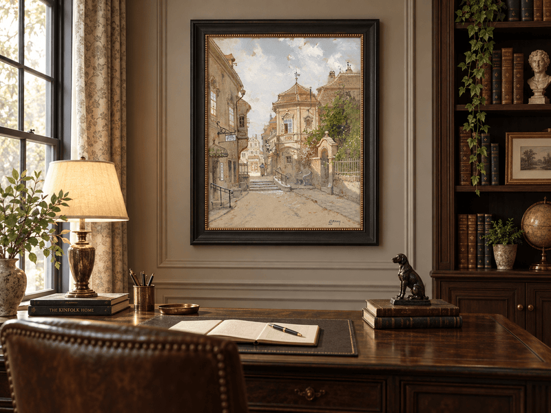 Peinture à l'huile de paysage - Rue de ville | Peinte à la main européenne