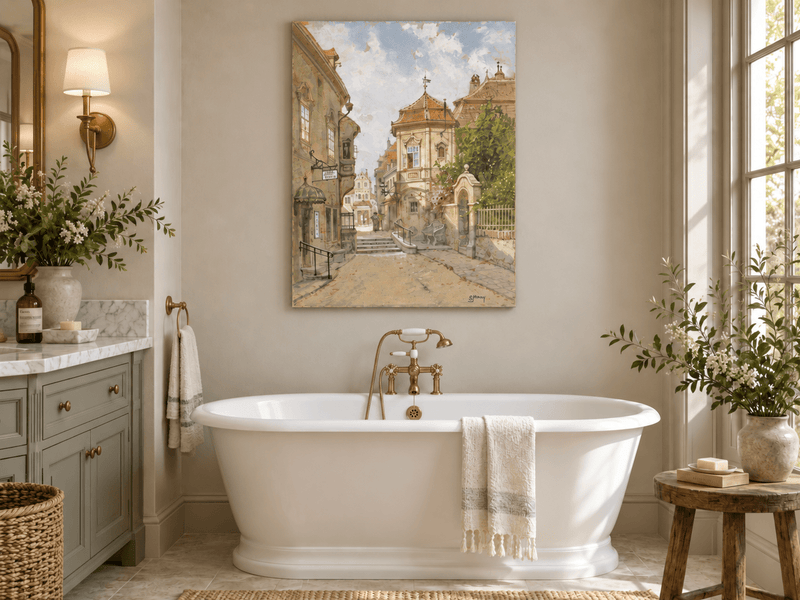 Peinture à l'huile de paysage - Rue de ville | Peinte à la main européenne