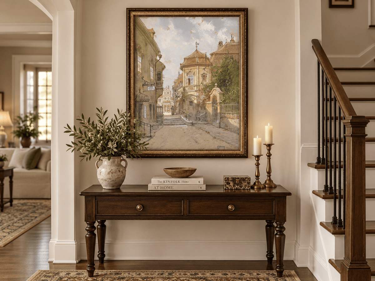 Peinture à l'huile de paysage - Rue de ville | Peinte à la main européenne