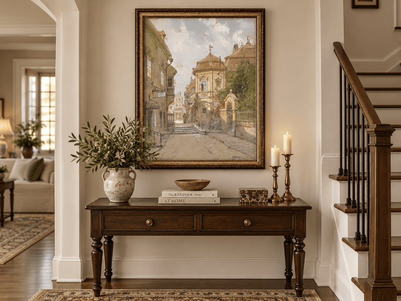 Peinture à l'huile de paysage - Rue de ville | Peinte à la main européenne
