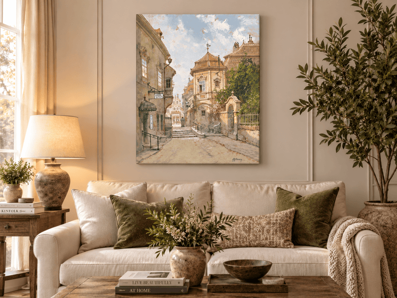 Peinture à l'huile de paysage - Rue de ville | Peinte à la main européenne