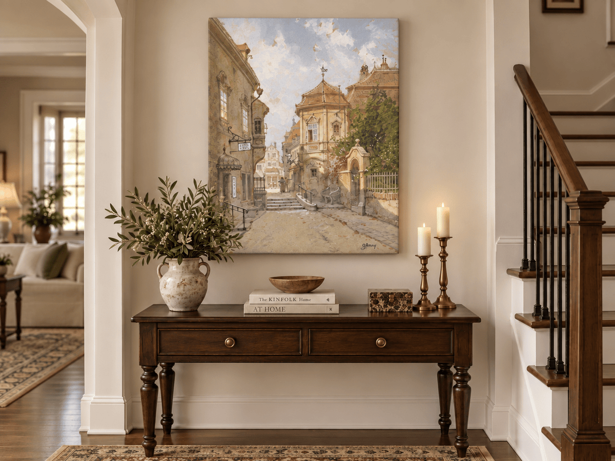 Peinture à l'huile de paysage - Rue de ville | Peinte à la main européenne