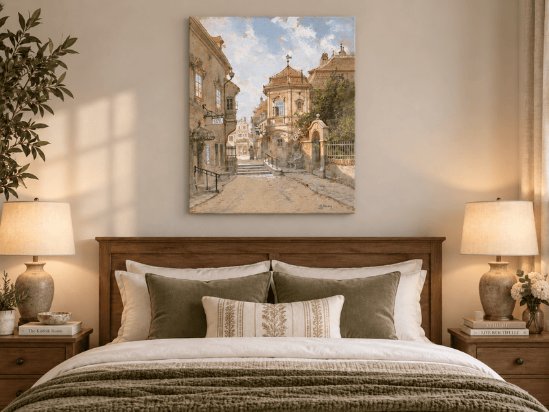 Peinture à l'huile de paysage - Rue de ville | Peinte à la main européenne