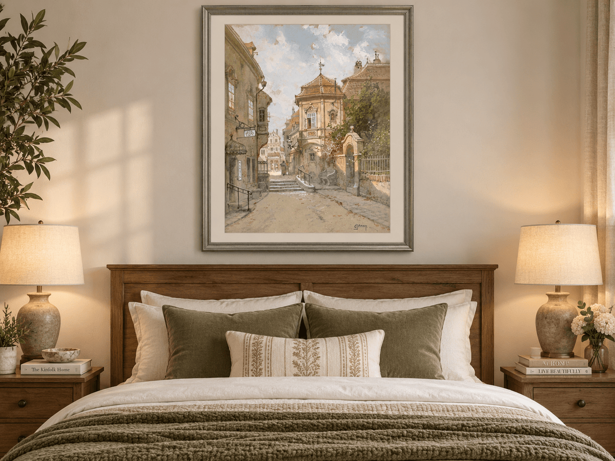 Peinture à l'huile de paysage - Rue de ville | Peinte à la main européenne