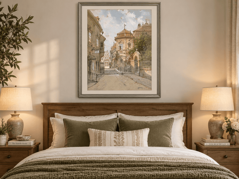 Peinture à l'huile de paysage - Rue de ville | Peinte à la main européenne