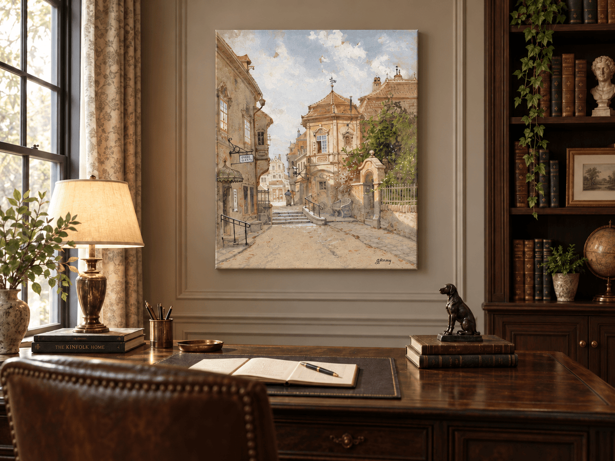 Peinture à l'huile de paysage - Rue de ville | Peinte à la main européenne
