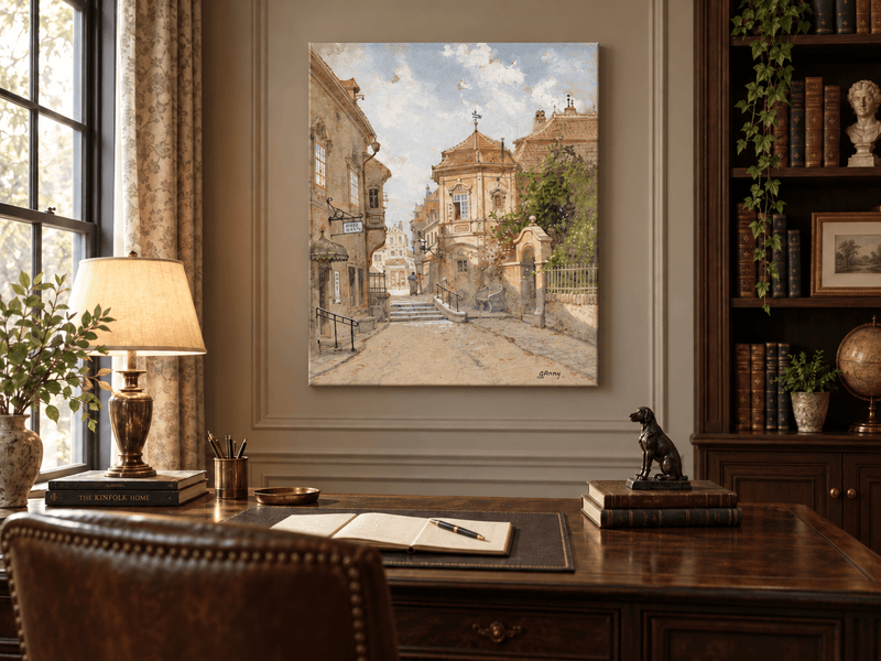 Peinture à l'huile de paysage - Rue de ville | Peinte à la main européenne
