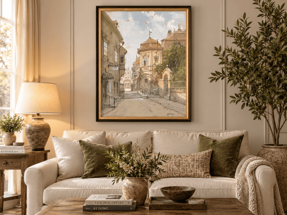 Peinture à l'huile de paysage - Rue de ville | Peinte à la main européenne