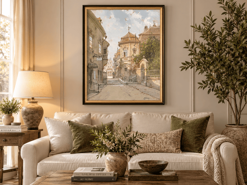 Peinture à l'huile de paysage - Rue de ville | Peinte à la main européenne