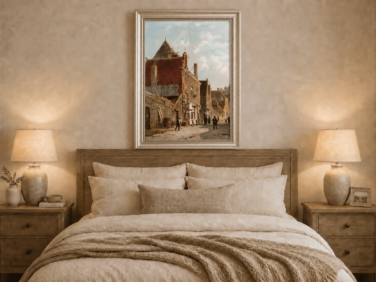 Hand-painted town street with figures and architecture artwork displayed as decorative wall art.