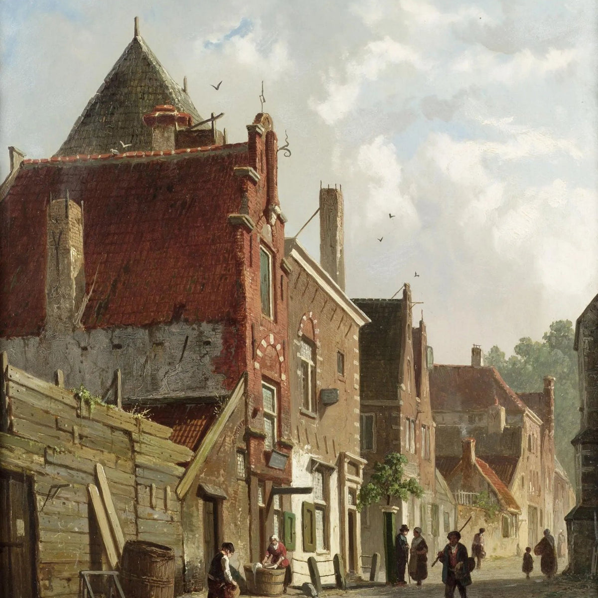 Landscape Oil Painting - Town Street with Figures & Architecture - Oil Painting Haven