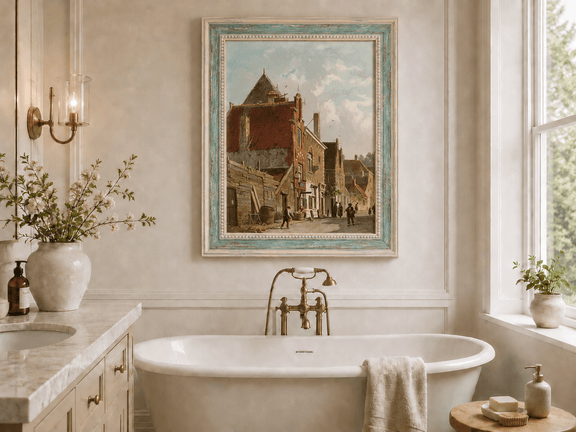 Town street with figures and architecture landscape oil painting presented as interior home decor.