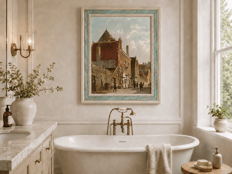 Town street with figures and architecture landscape oil painting presented as interior home decor.