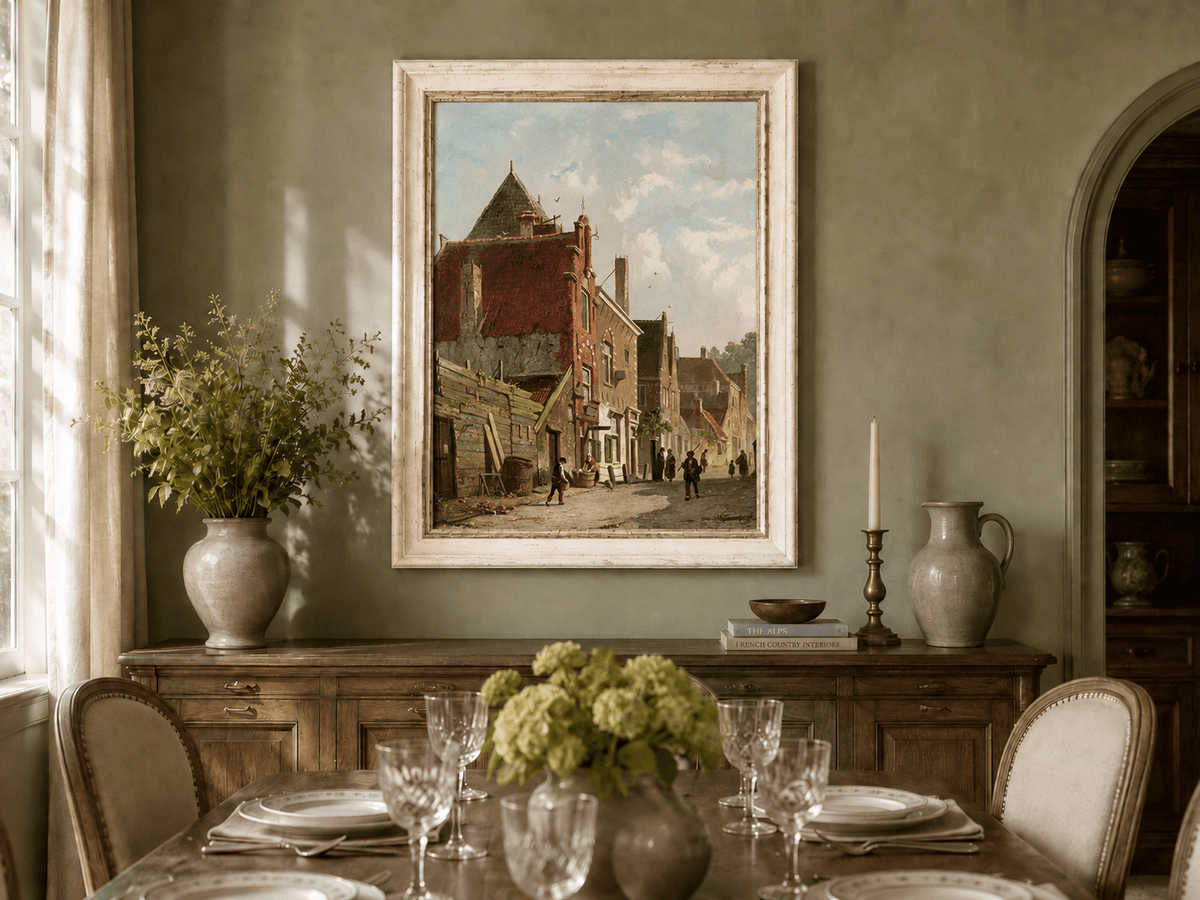 Town street with figures and architecture oil landscape artwork shown in a styled home interior.