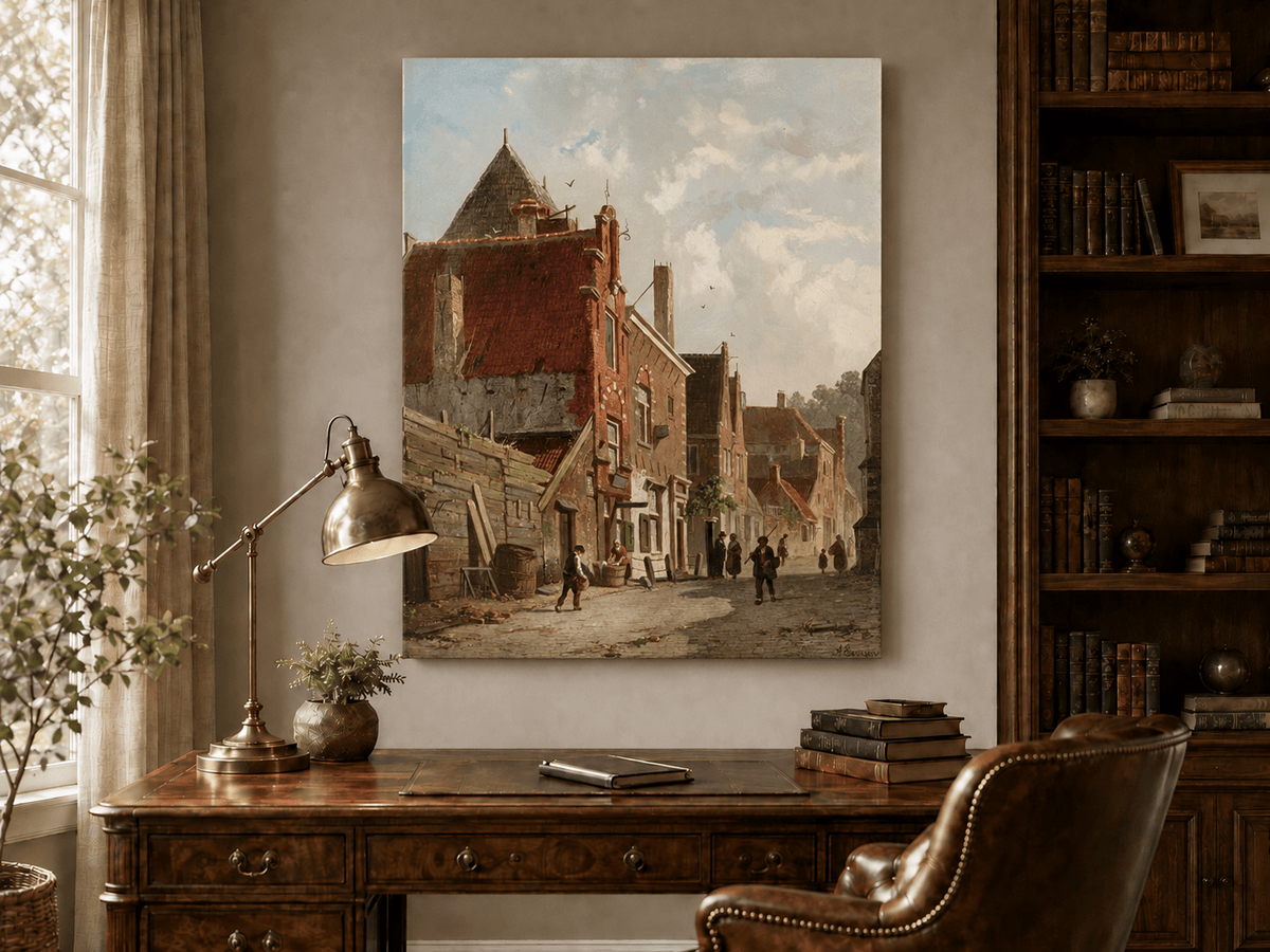 Interior wall art view featuring a town street with figures and architecture landscape oil painting.