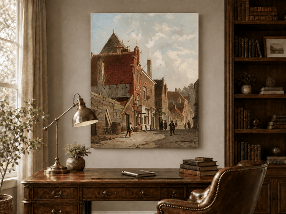 Interior wall art view featuring a town street with figures and architecture landscape oil painting.