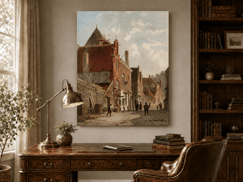 Interior wall art view featuring a town street with figures and architecture landscape oil painting.