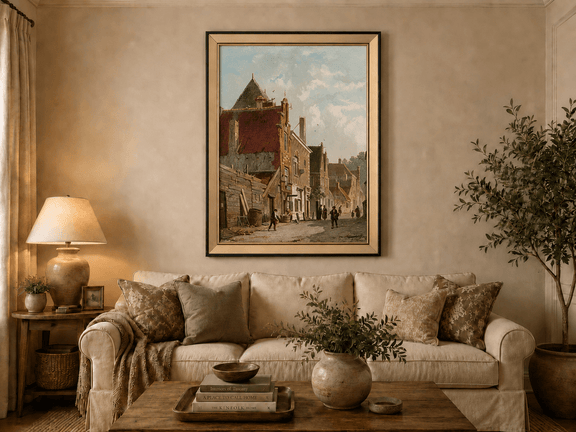 Town street with figures and architecture landscape oil painting displayed in a styled home interior.