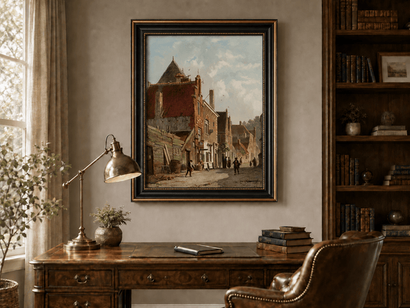 Town street with figures and architecture landscape oil painting presented in an interior wall art mockup.