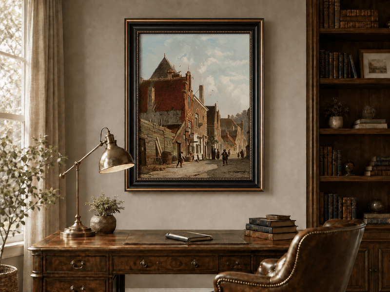Town street with figures and architecture landscape oil painting presented in an interior wall art mockup.