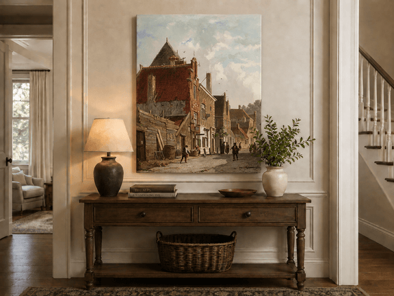 Town street with figures and architecture landscape painting shown as decorative oil wall art.