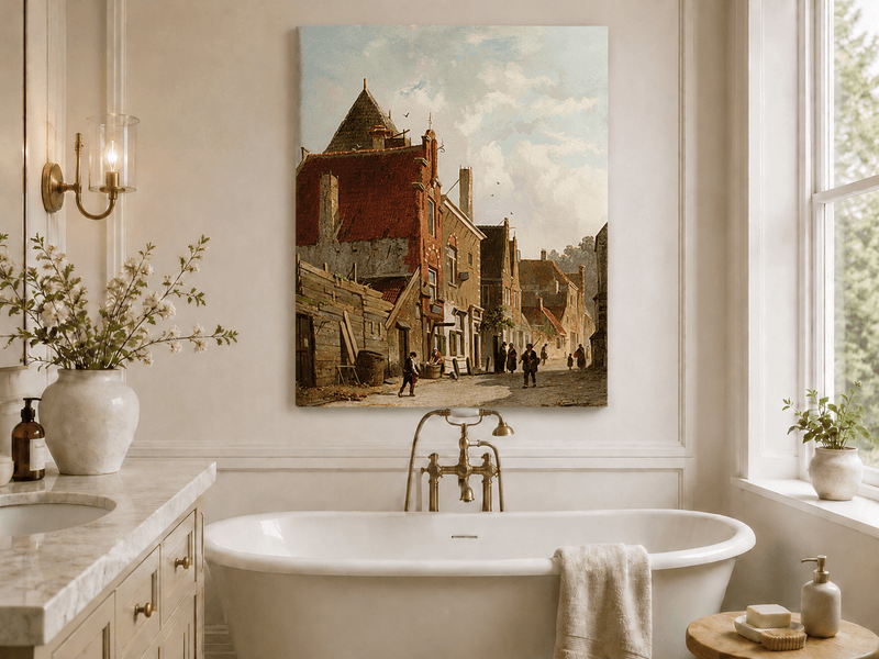 Town street with figures and architecture landscape oil painting presented as styled home decor.