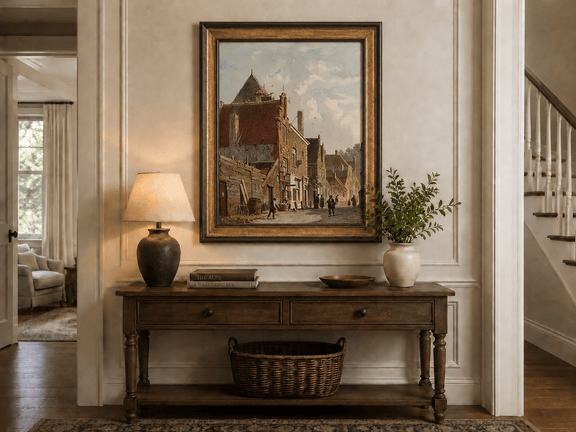 Town street with figures and architecture hand-painted oil artwork shown as home wall decor.