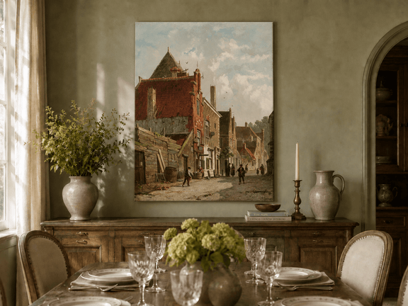 Hand-painted town street with figures and architecture landscape artwork in an interior display.
