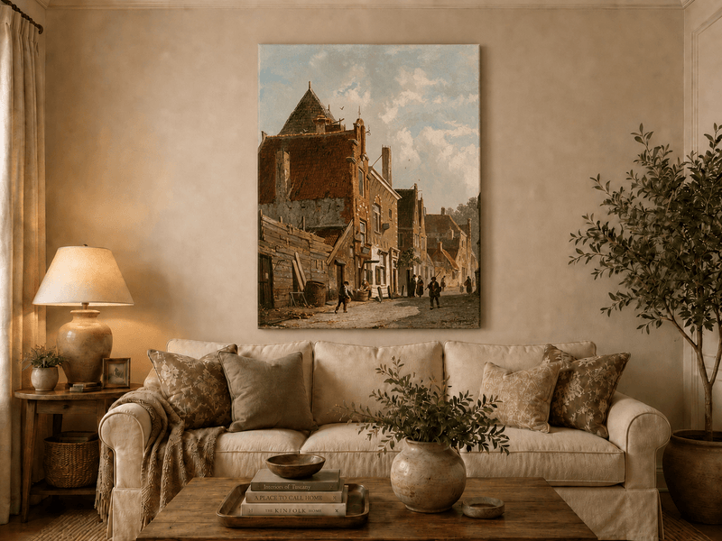 Town street with figures and architecture hand-painted oil artwork displayed in a second interior view.