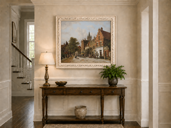 Town street with figures and buildings hand-painted oil artwork shown as home wall decor.