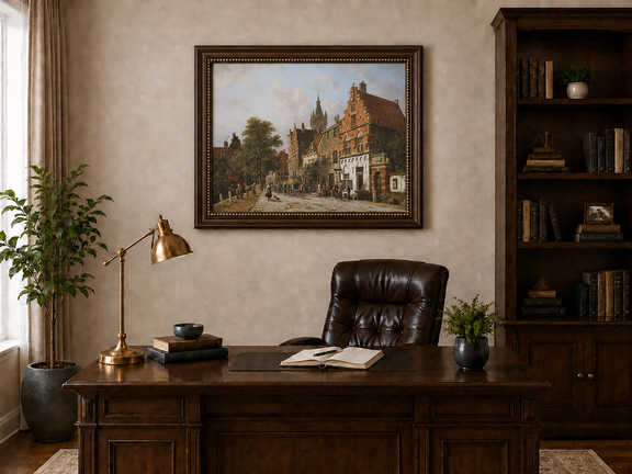 Town street with figures and buildings landscape oil painting presented in an interior wall art mockup.