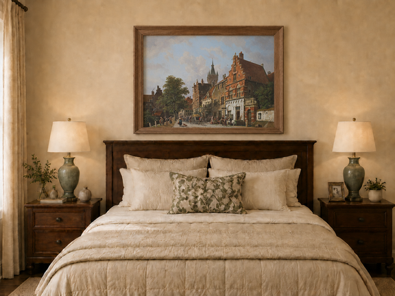 Hand-painted town street with figures and buildings artwork displayed as decorative wall art.