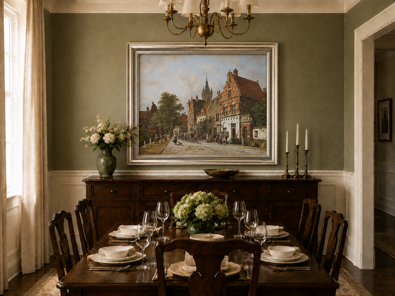 Town street with figures and buildings oil landscape artwork shown in a styled home interior.