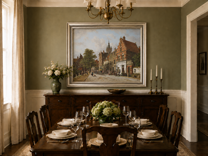 Town street with figures and buildings oil landscape artwork shown in a styled home interior.
