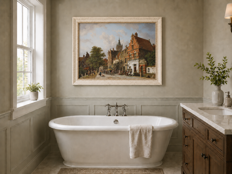 Town street with figures and buildings landscape oil painting presented as interior home decor.