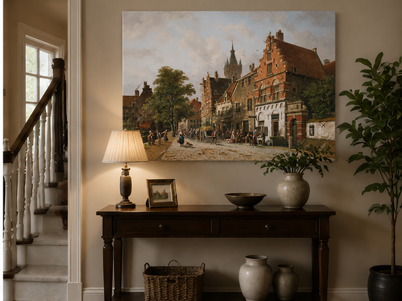 Town street with figures and buildings landscape painting shown as decorative oil wall art.