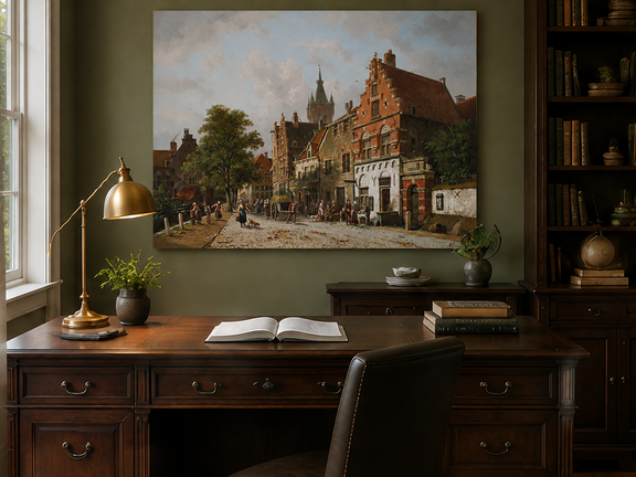 Interior wall art view featuring a town street with figures and buildings landscape oil painting.