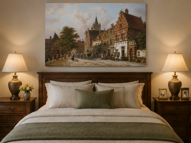 Town street with figures and buildings oil painting displayed as landscape wall decor.