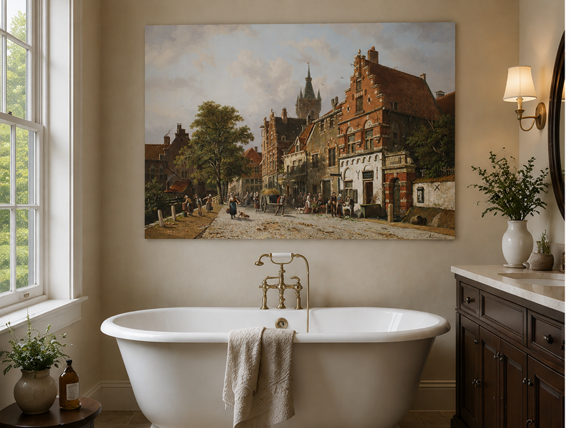 Town street with figures and buildings landscape oil painting presented as styled home decor.