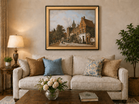 Town street with figures and buildings landscape oil painting displayed in a styled home interior.