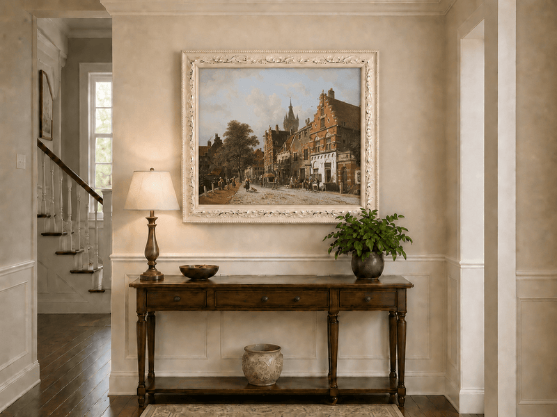 Town street with figures and buildings hand-painted oil artwork shown as home wall decor.