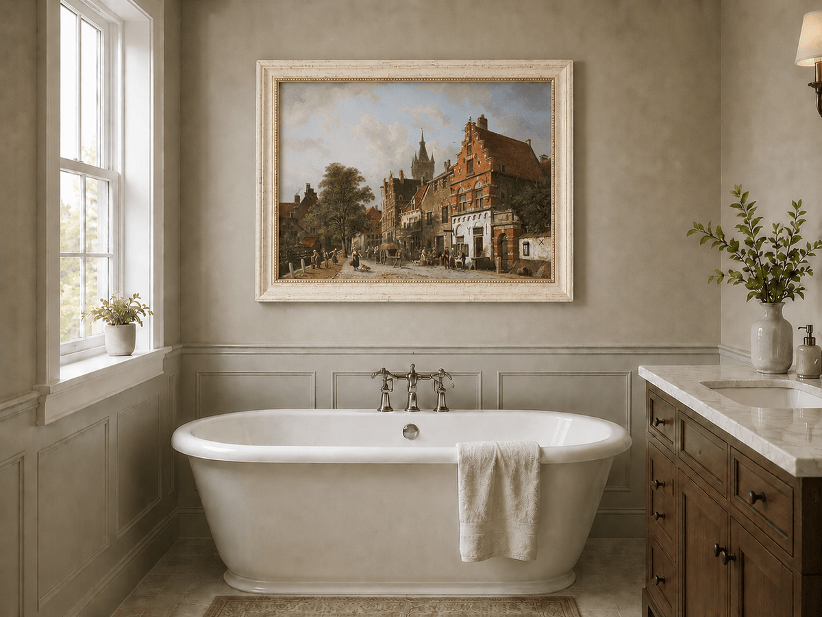 Town street with figures and buildings landscape oil painting presented as interior home decor.