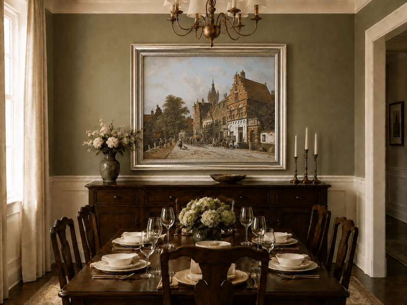 Town street with figures and buildings oil landscape artwork shown in a styled home interior.