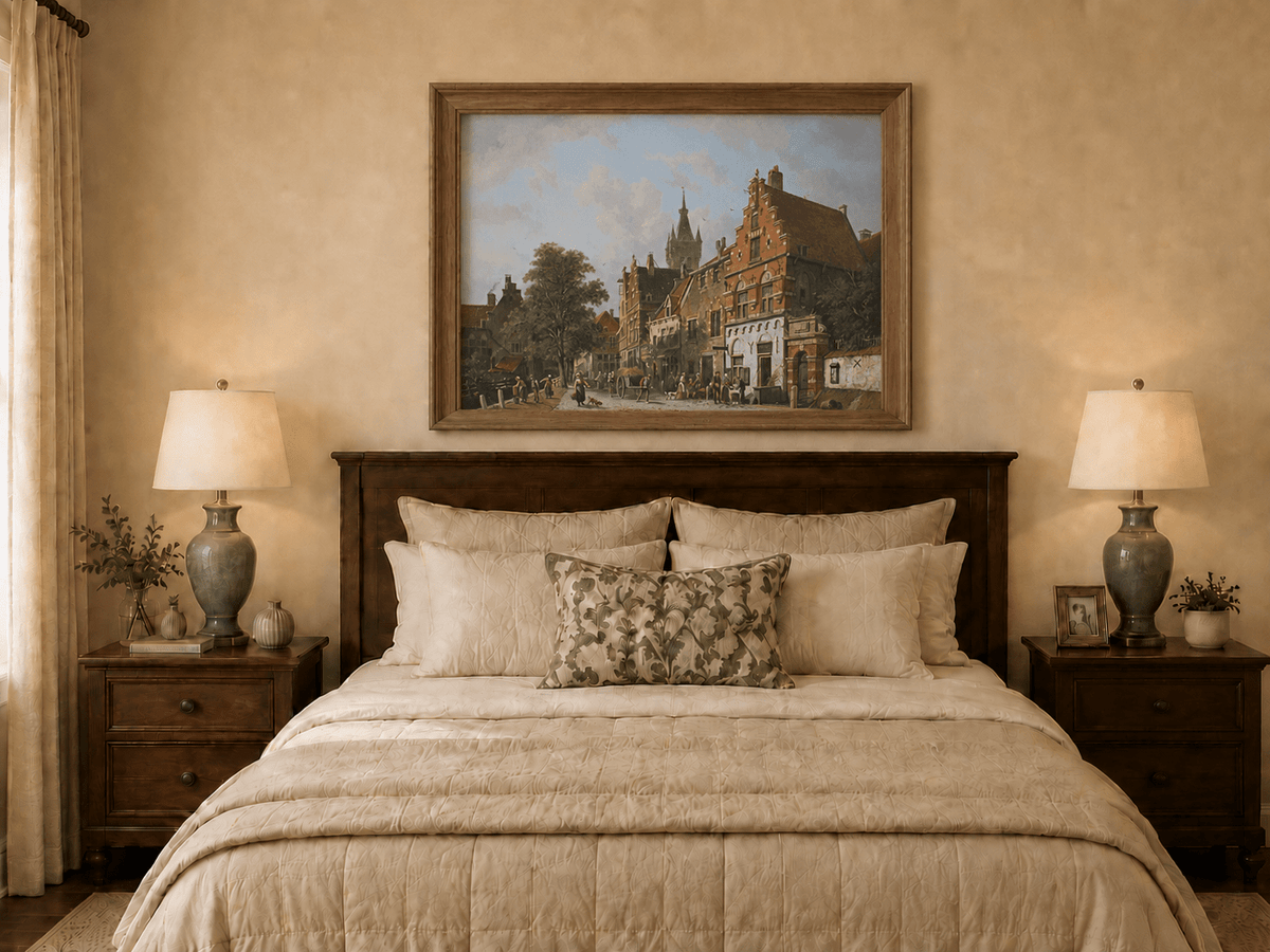 Hand-painted town street with figures and buildings artwork displayed as decorative wall art.