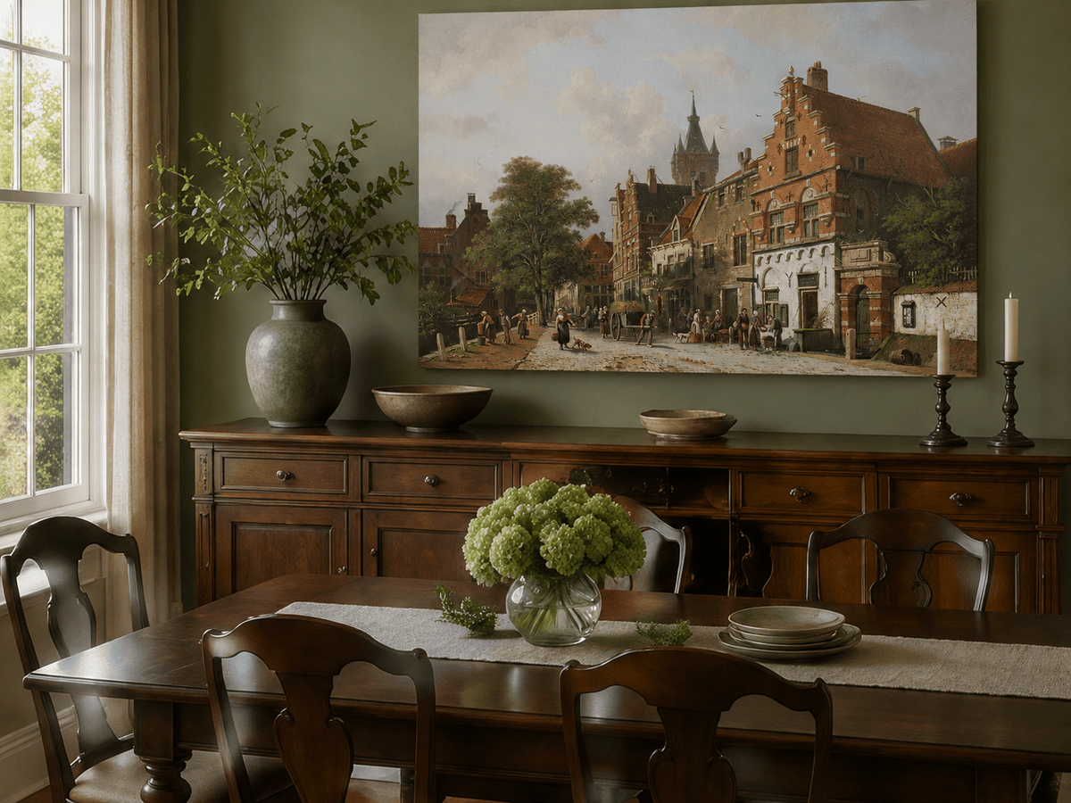 Hand-painted town street with figures and buildings landscape artwork in an interior display.